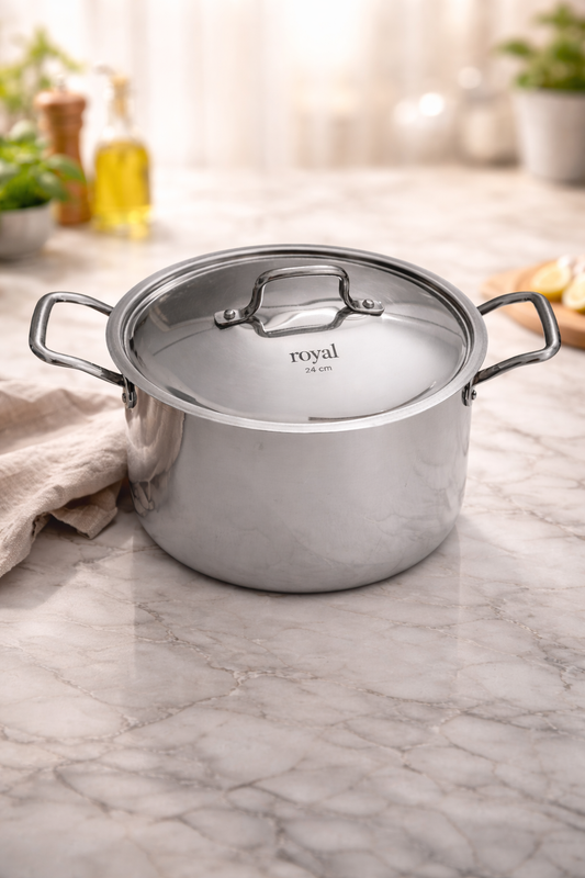 TRI PLY STAINLESS STEEL CASSEROLE POT WITH LID 24cm 6L