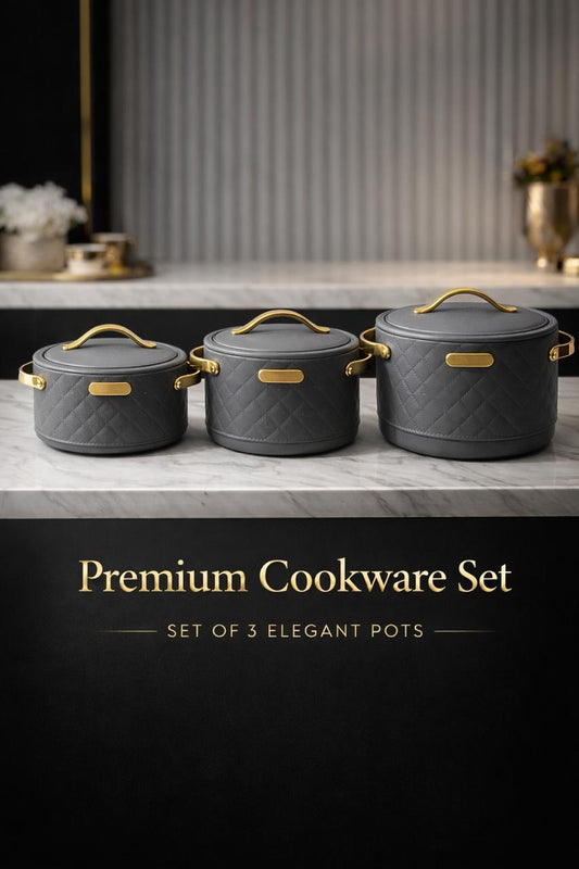 Premium Insulated Casserole Set of 3 (2000ml, 3000ml, 4000ml) – Glossy Gold Handle, Quilted Texture, Durable Hot Case for Serving